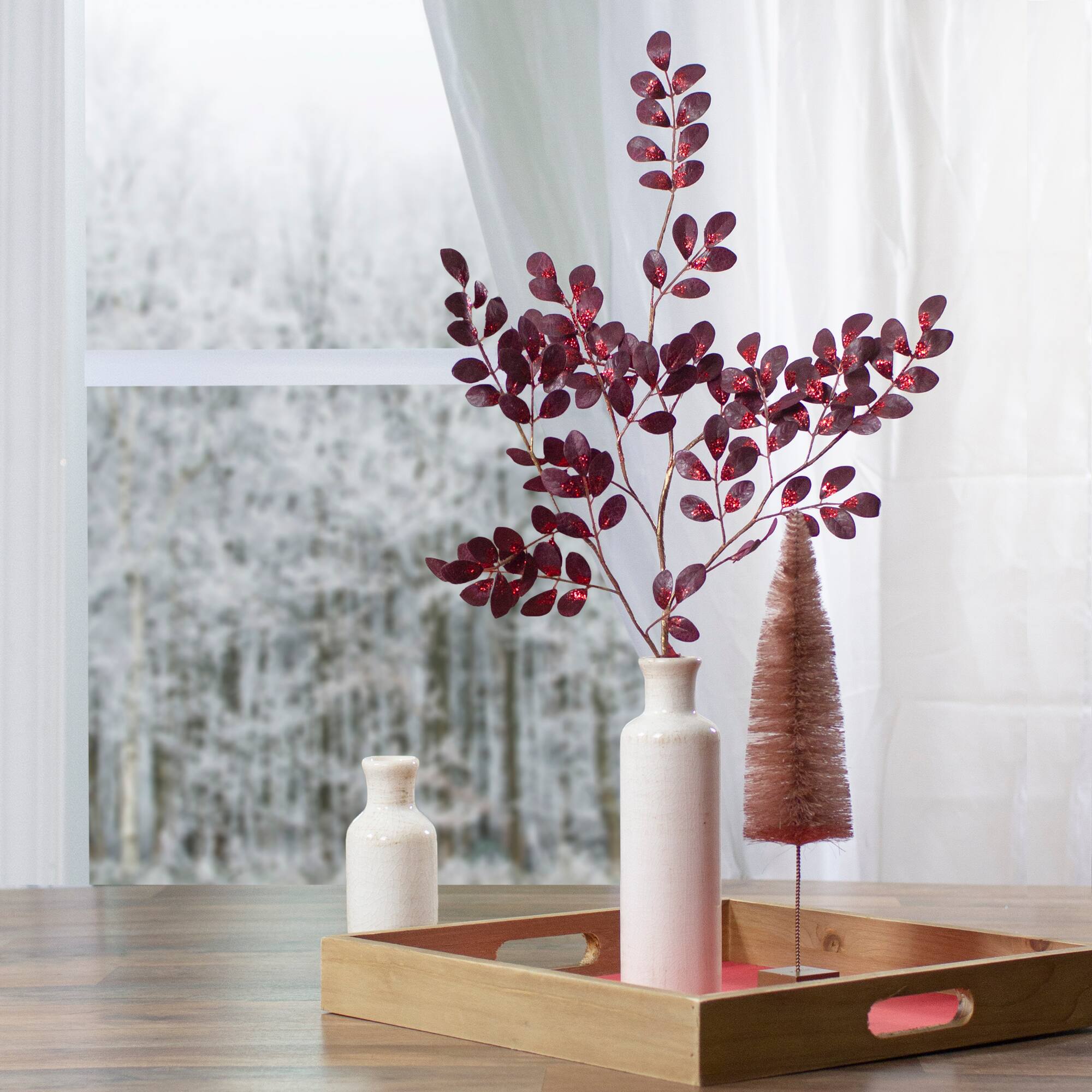 37" Red Glittered Leaves Artificial Christmas Spray